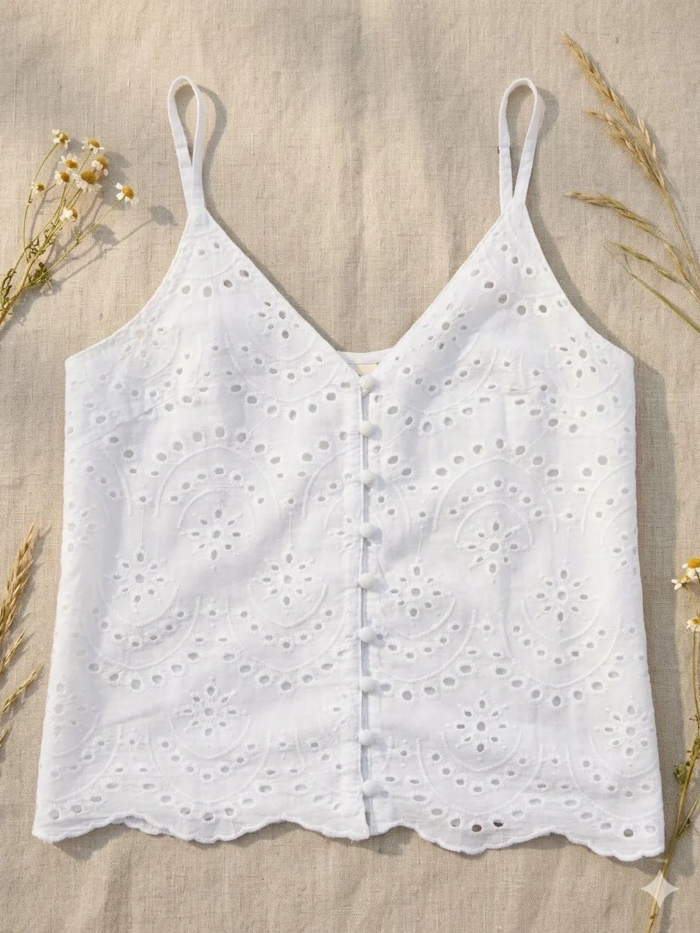 Boho Eyelet Lace Button-Down Cami Crop Top – White - Picture 1 of 6